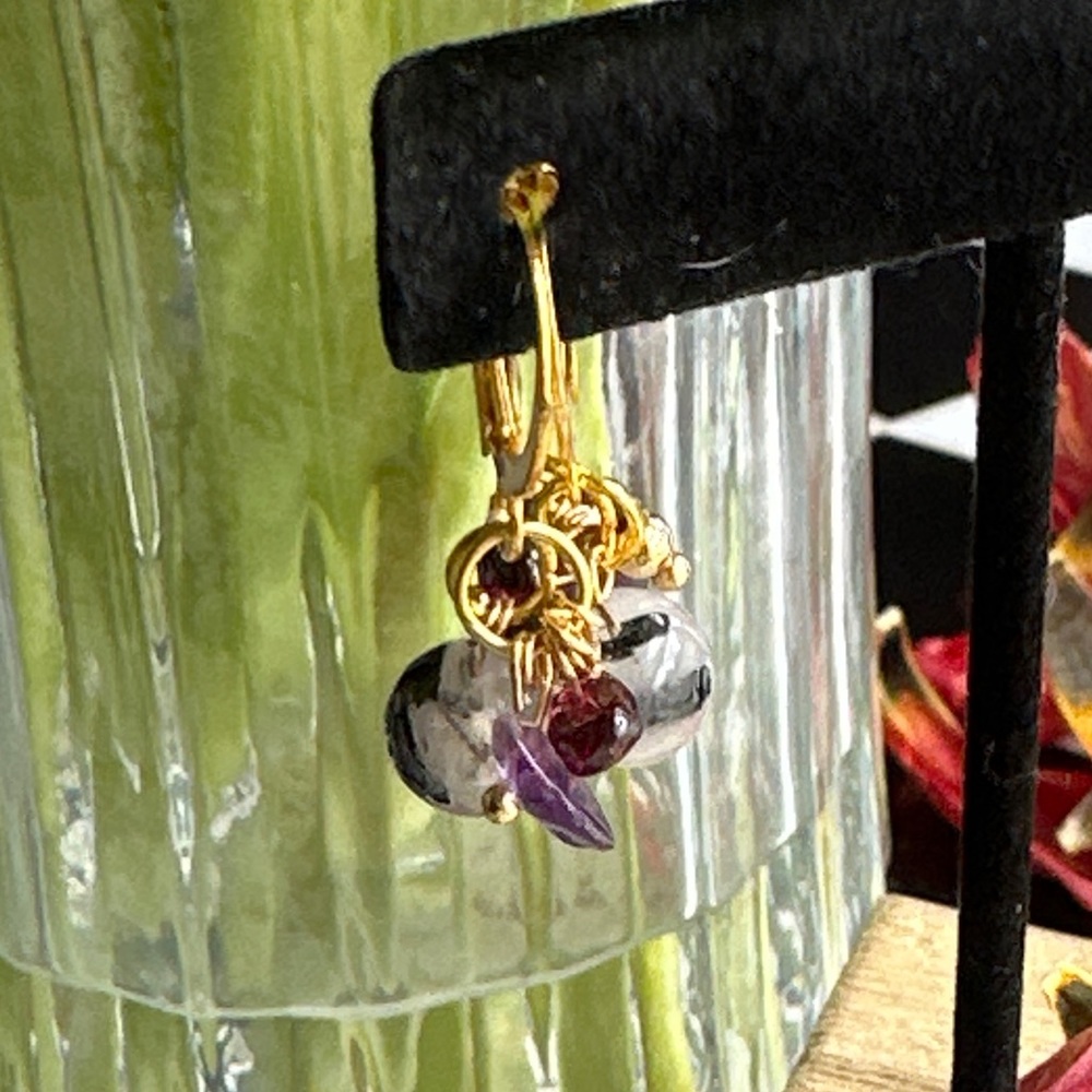 Amethyst Garnet rutile confetti drops gold dangle statement earrings - Picture 2 of 8